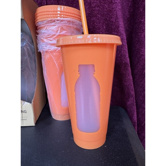 Cups 24 Ounces Reuseable Cup Top & Straw. Set of 5 purple and 5 Orange New - Picture 9 of 9
